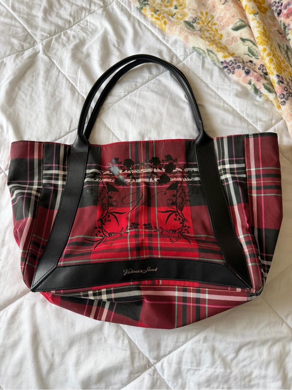 Victoria's Secret Red and Black Plaid Tote with Floral Crest